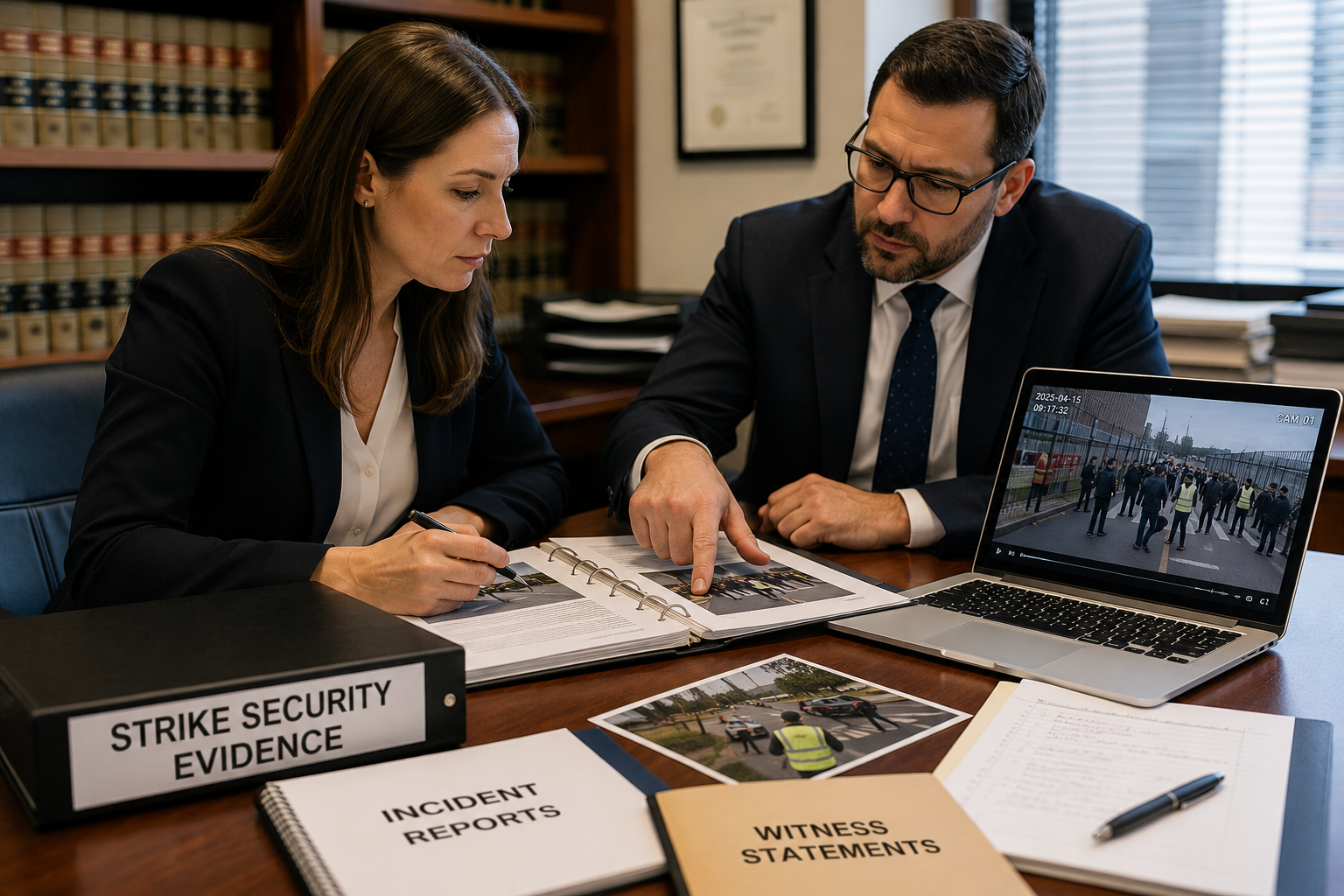 labour lawyers reviewing strike security evidence during a labour dispute